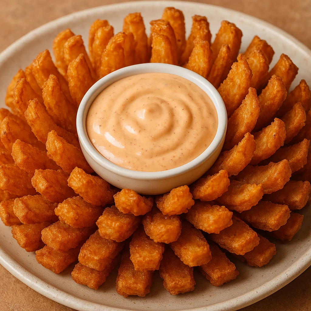 a close-up of a blooming onion appetizer, golden fried petals fanned out on a plate, with a small bowl of creamy dipping sauce in the center, vibrant and mouthwatering emoji