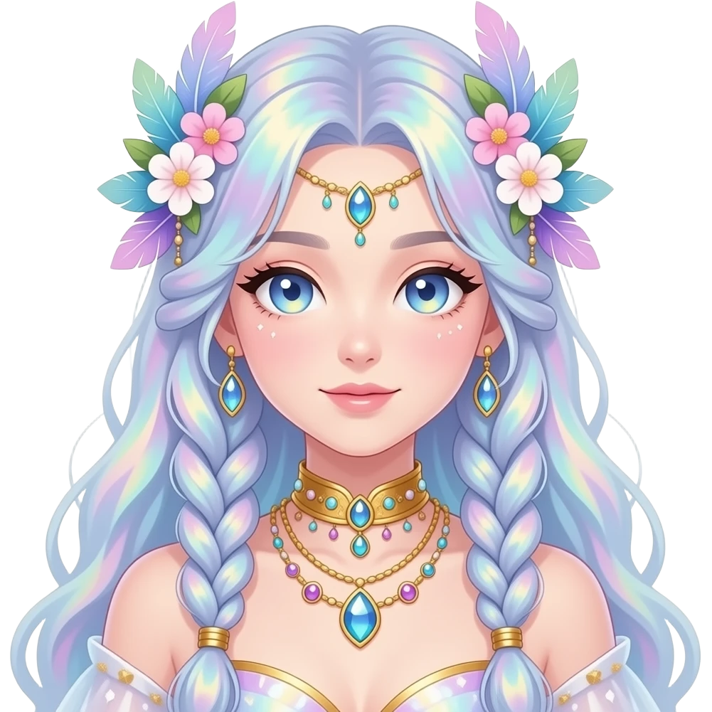 Beautiful gorgeous anime lady with beautiful iridescent-braided-hair, fashion aesthetic, ethereal, fairycore, pastelcore, feathers, flowers, gems, accessories, jewelries, gold, colorful emoji