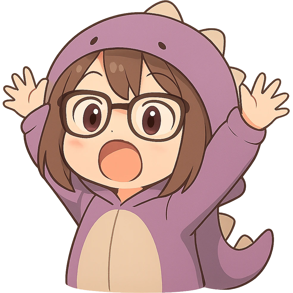 Chibi anime style gamer girl with glasses, brown hair, dark purple eyes, wearing a purple dinosaur costume, new pose with arms up in excitement, making a surprised expression, no controller, no background, same style as reference. emoji