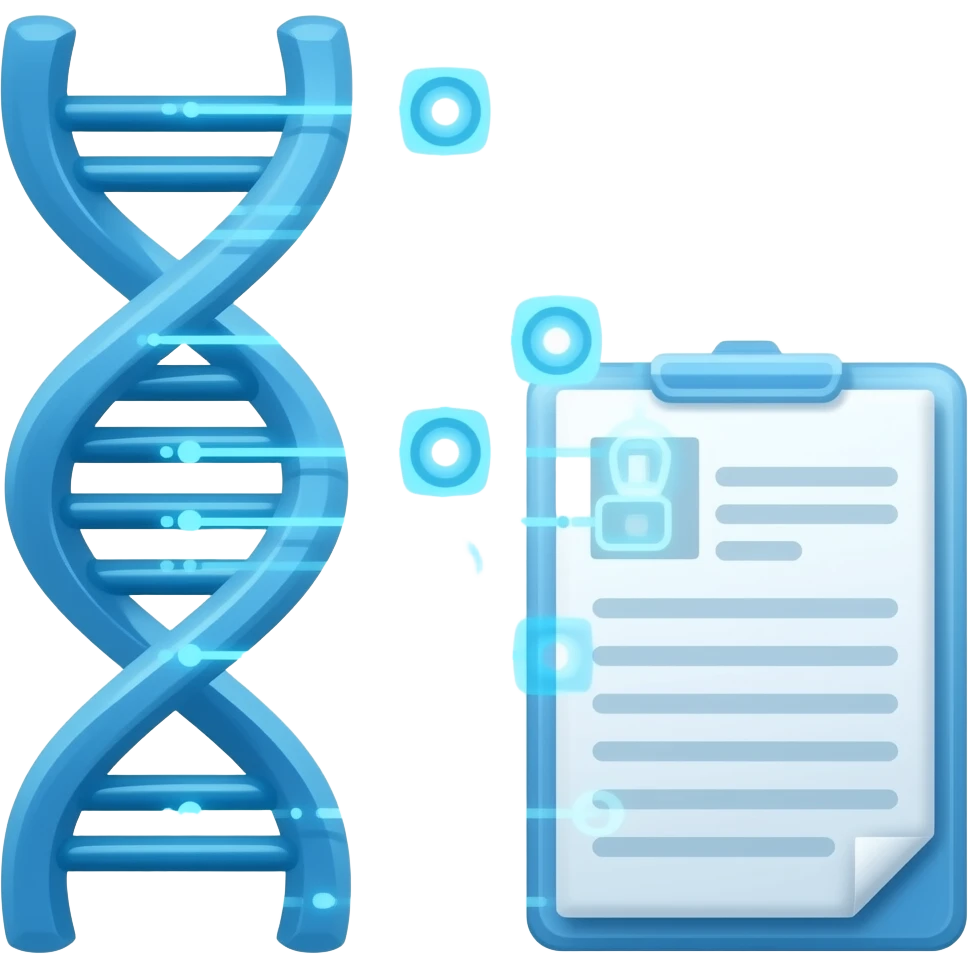 Minimalist icon of a stylized spiral DNA double helix connected to digital data nodes and an open medical history file, genetic information concept, futuristic biotech style, flat vector, clean white background, tech blue and teal tones. emoji