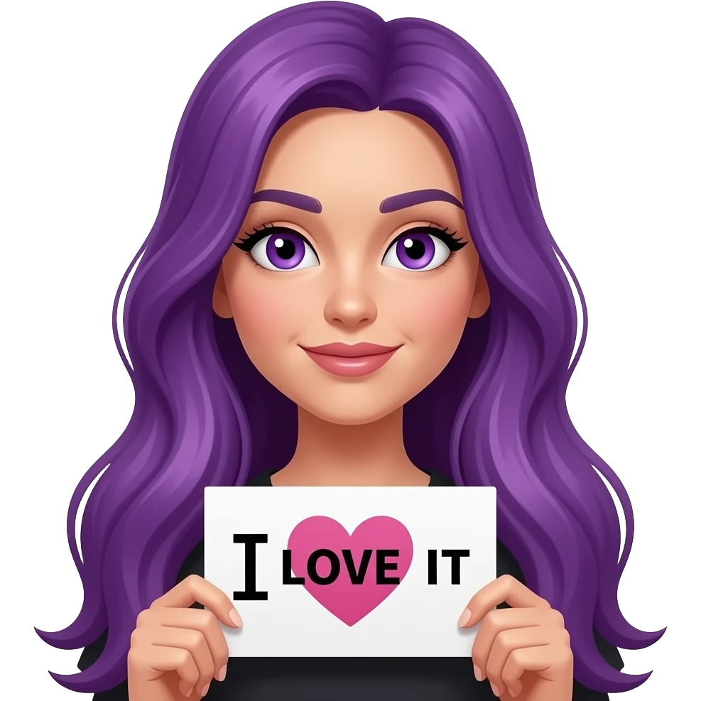 sexy girl with long purple hair and purple eyes holding I LOVE IT sign emoji
