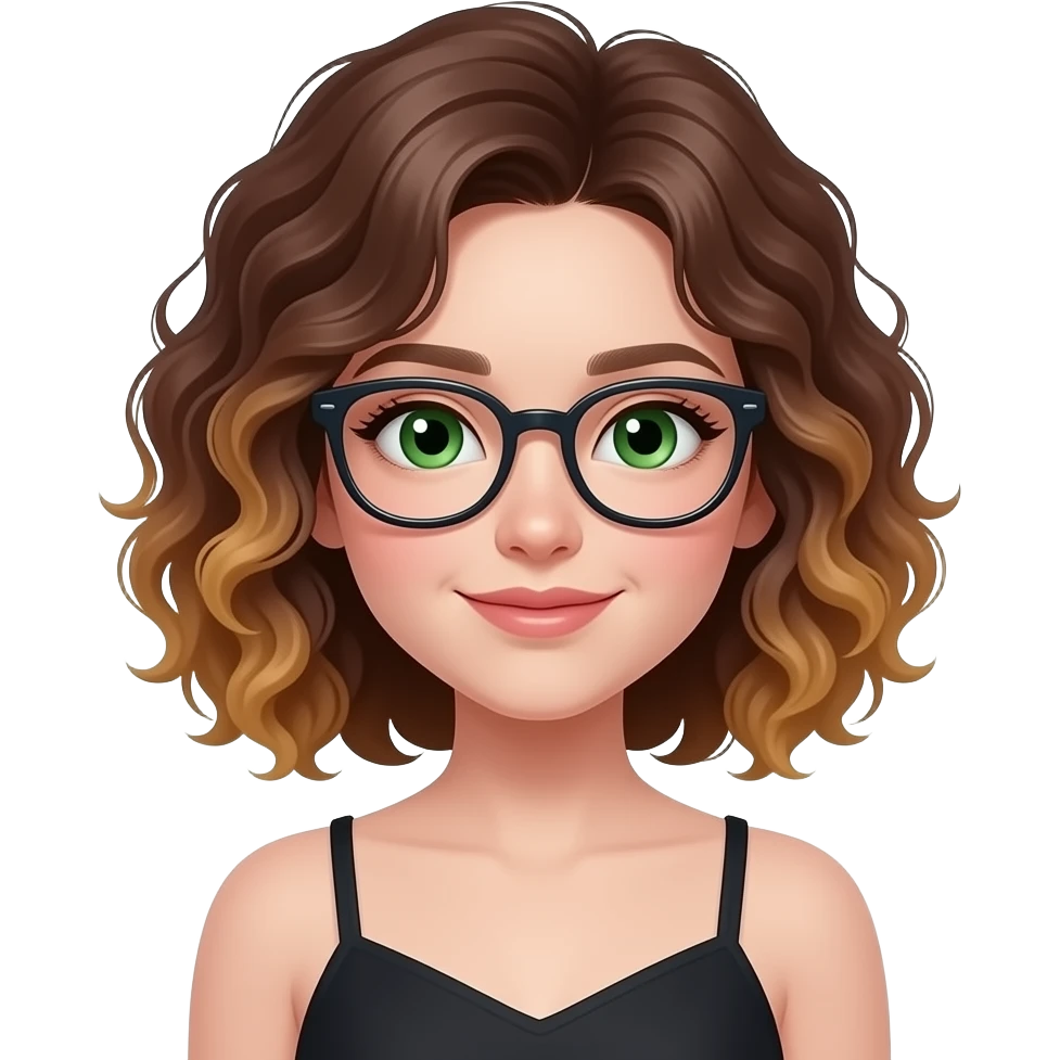 Uma menina branca  olhos verdes usa óculos cabelos cacheados nem curto e nem longo cor do cabelo castanho com mel nas pontas  um vestido preto emoji