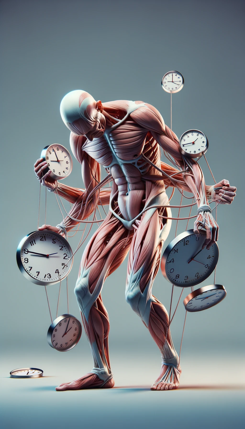 corpo umano anatomico CHE TIENE OROLOGI NELLE MANI E STA IMPAZZENDO PERCHé NON RIESCE A SVOLGERE TUTTE LE SUE ATTIVITà QUOTIDIANE: NON HA TEMPO, iperrealistico 4k emoji