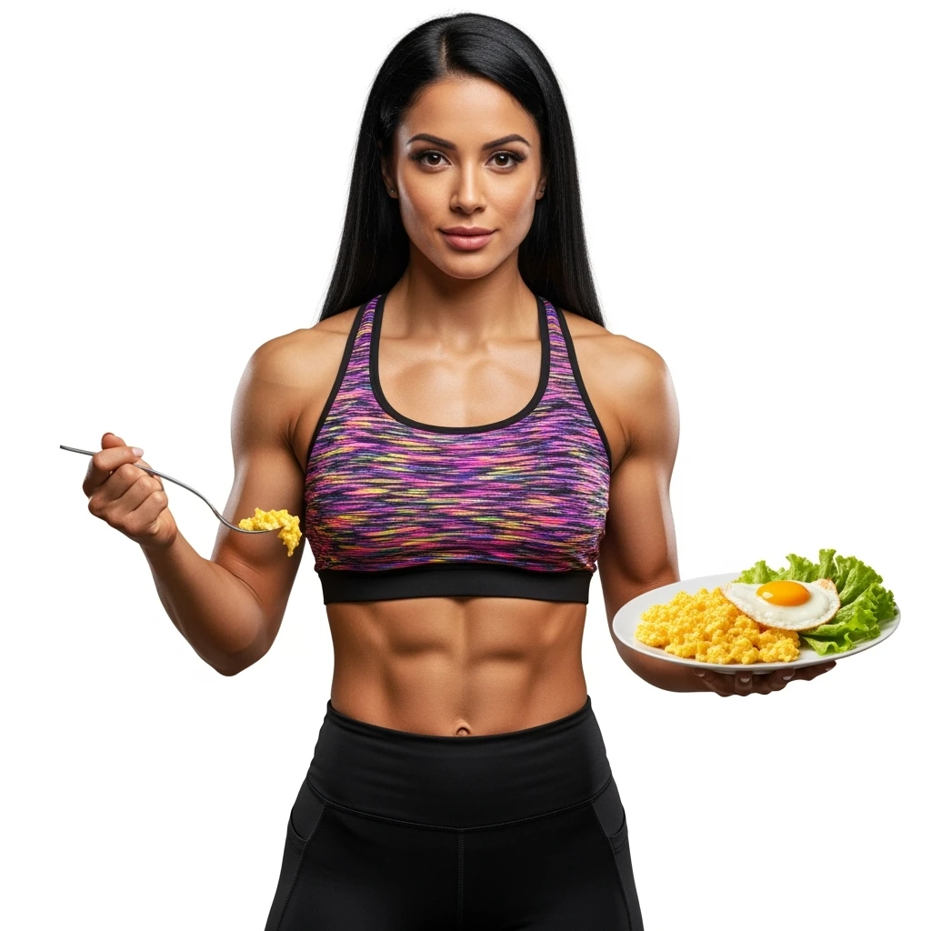 DONNA FITNESS CHE HA IN MANO UN PIATTO DI UOVA STRAPAZZATE, IPERREALISTICA 4K, SENZA SFONDO emoji
