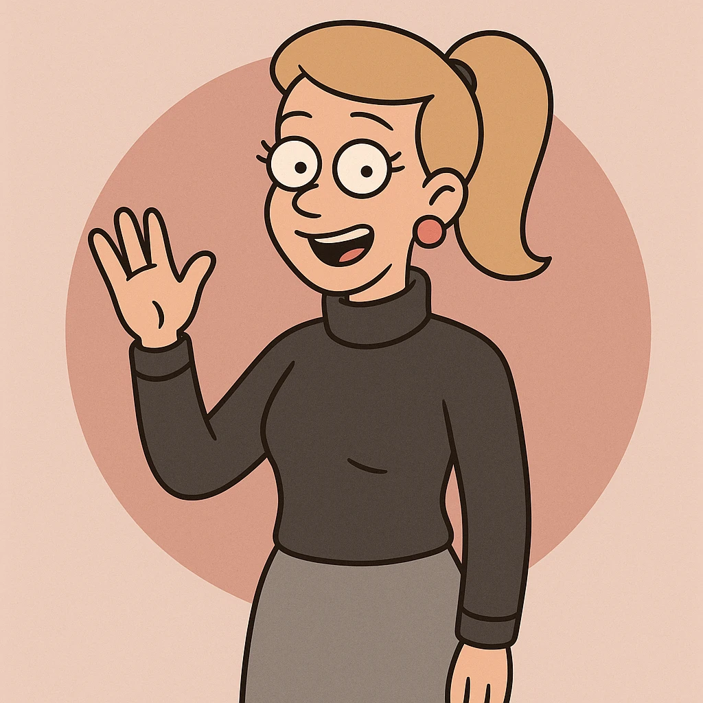 Women Medium Blonde median ponytail hair pink circle earrings Charcoal Athens Merino Wool Roll Neck Jumper Grace skirt a hand say hello emoji