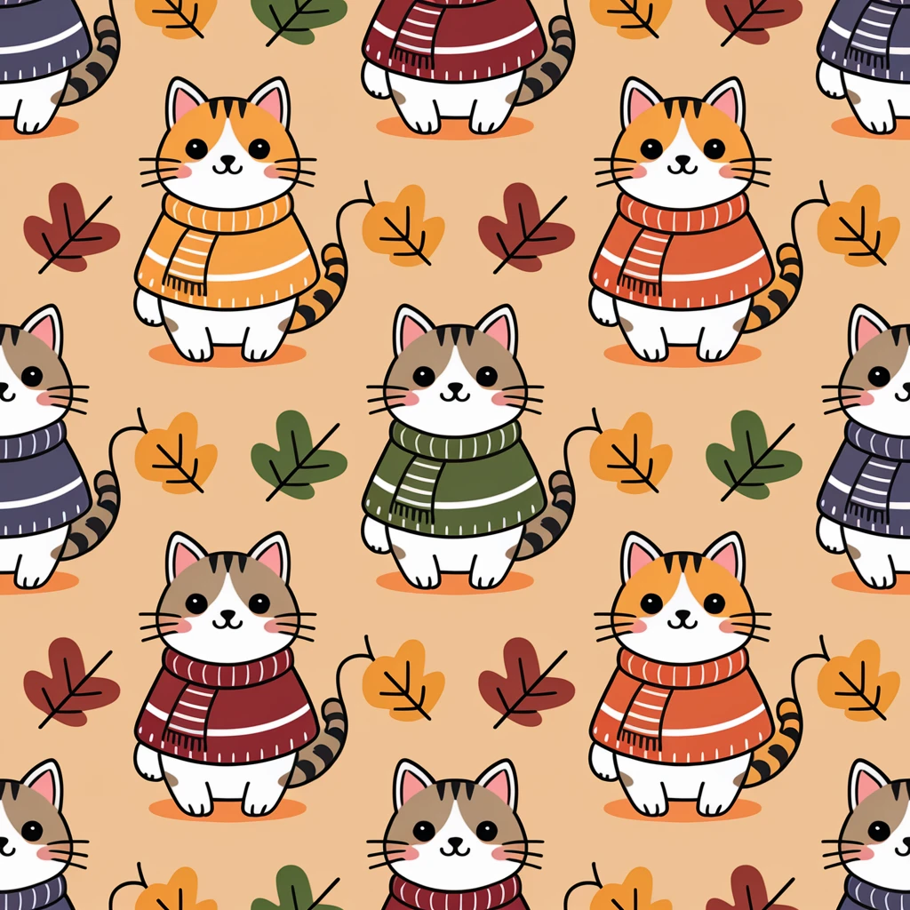 cute cats in scarves and sweaters, seamless pattern, autumn colors, warm and cozy vibe, playful cartoon style emoji