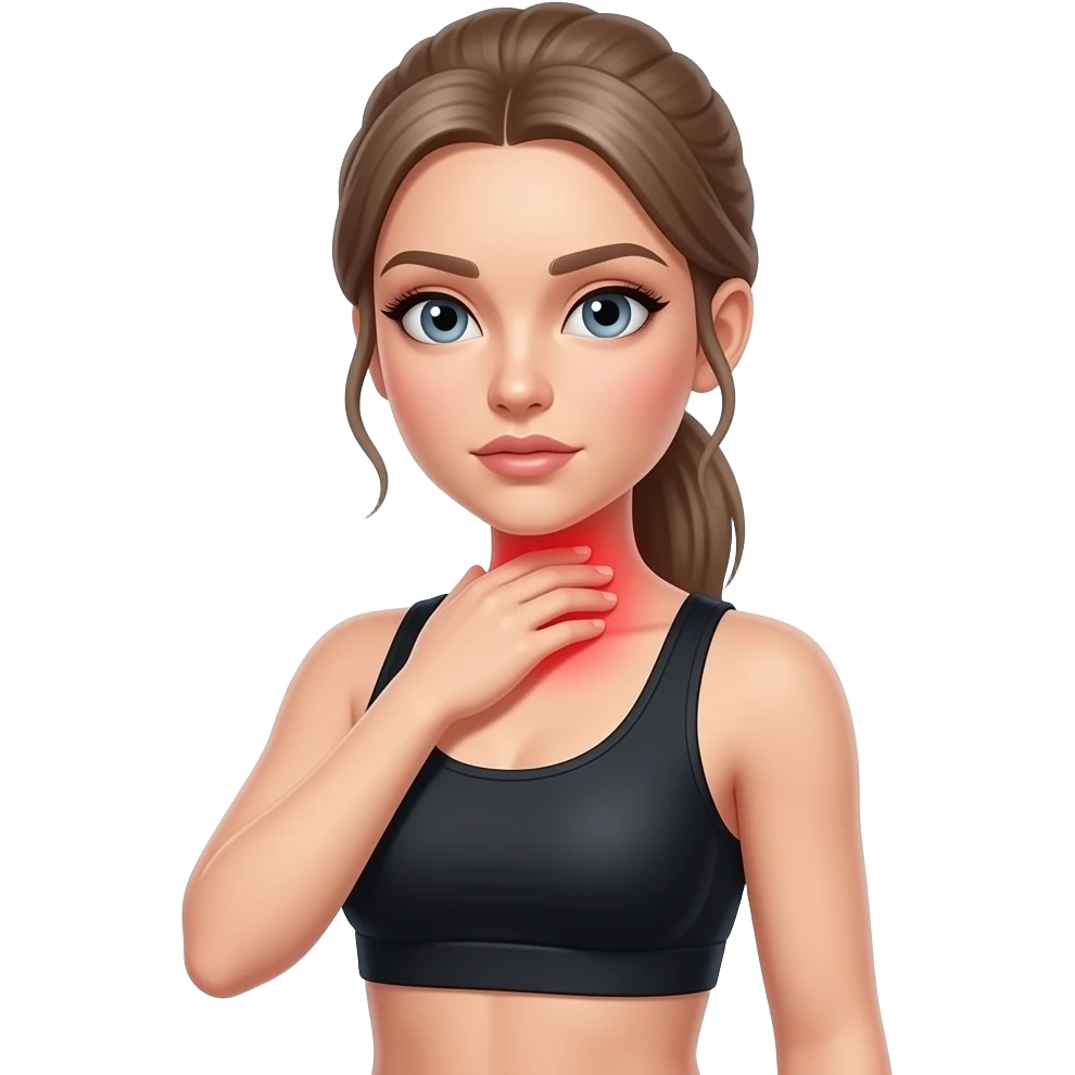 neck pain, red glow on neck, woman touching her neck, fair-skinned woman, gray-blue eyes, ash brown brows, ash light brown hair tied back, slim athletic body, black workout set emoji
