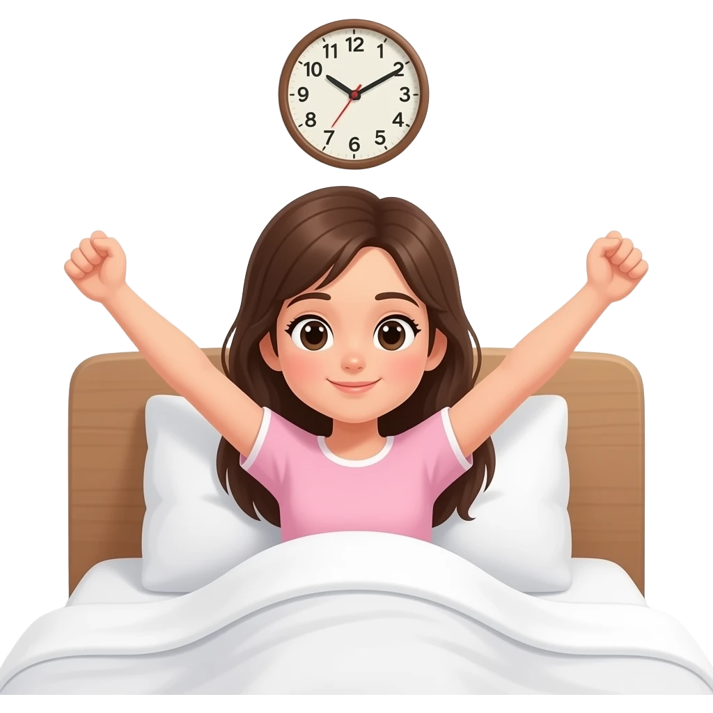 girl wakes up in the morning, her eyes are open, she is in bed stretching her arms, there is clock near her that shows 7 o'clock, sun behind her in the window emoji