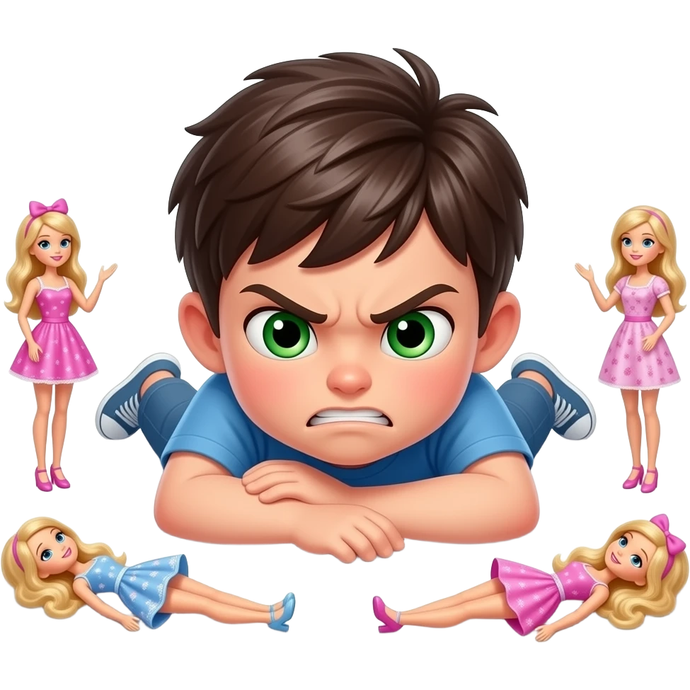Little slim dark haïr boy with green eyes lying very angry on the floor and barbies emoji