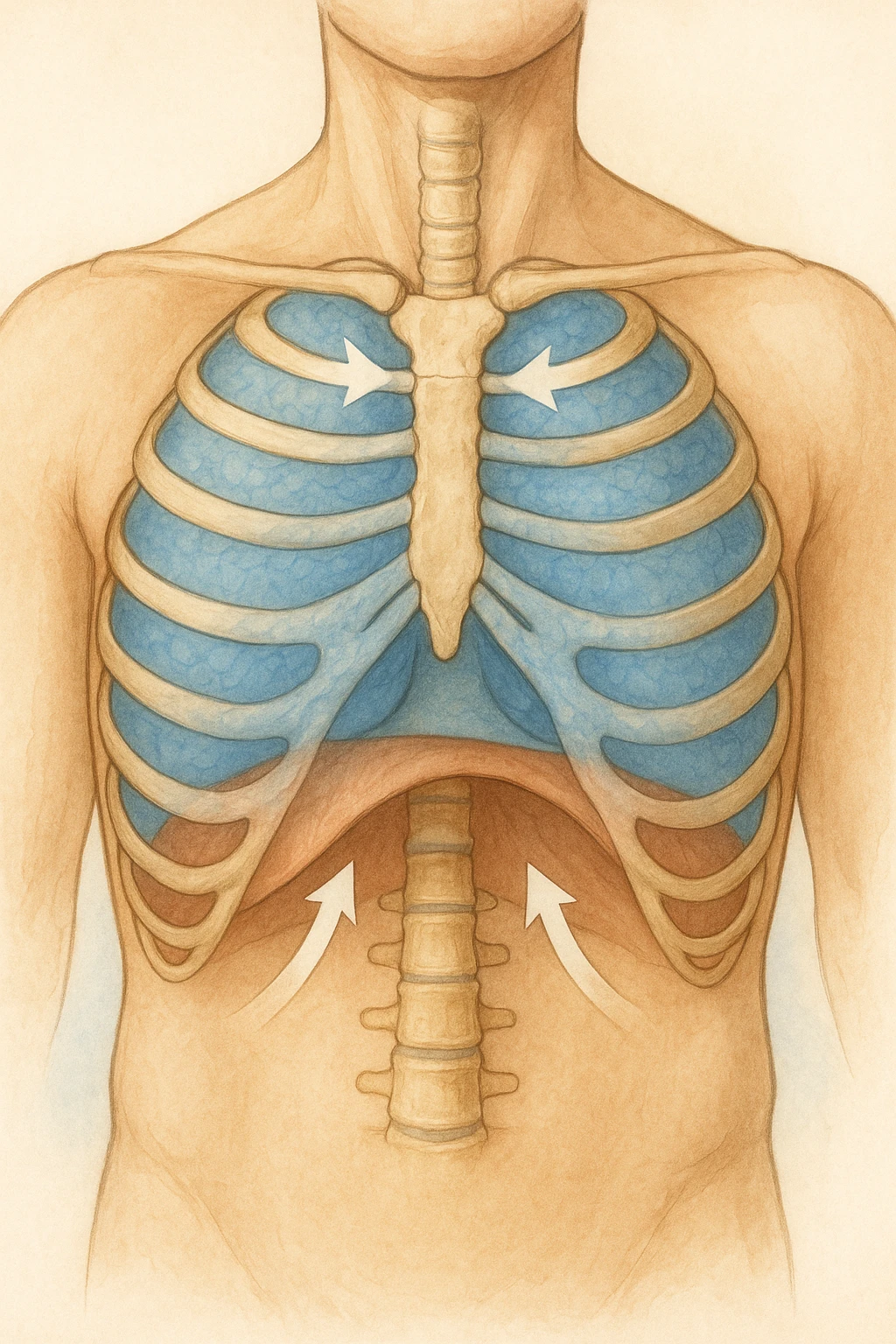 A realistic, high-quality anatomical illustration showing a human torso with visible rib cage and diaphragm. The ribs are shown in a decompressed, expanded state, allowing full lung expansion, while the diaphragm is depicted as relaxed and lowered, indicating deep, efficient breathing. Soft blue and warm tones highlight airflow and lung capacity, with light arrows illustrating the air movement during diaphragmatic breathing. The image conveys a sense of calm, openness, and optimal breathing mechanics, useful for physiotherapy, breathing education, and osteopathic learning contexts emoji