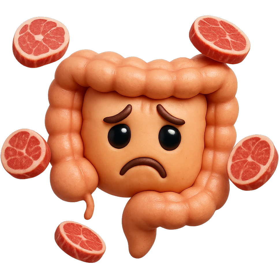 emoji stile iphone in 3d di un intestino triste
 con fette di carne che gli fluttuano intorno, iperrealistico 4k emoji