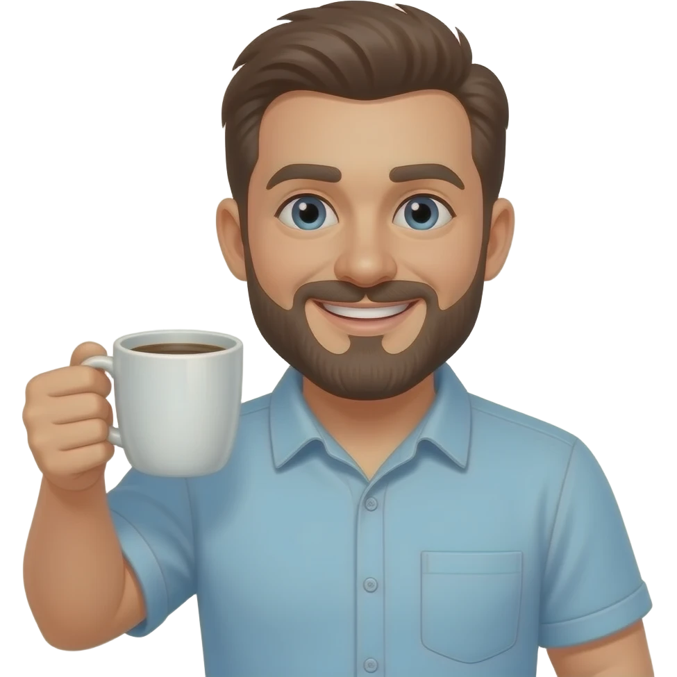 a stubbled face man smiling lifting a steaming cup of coffee in front of the camera smiling emoji