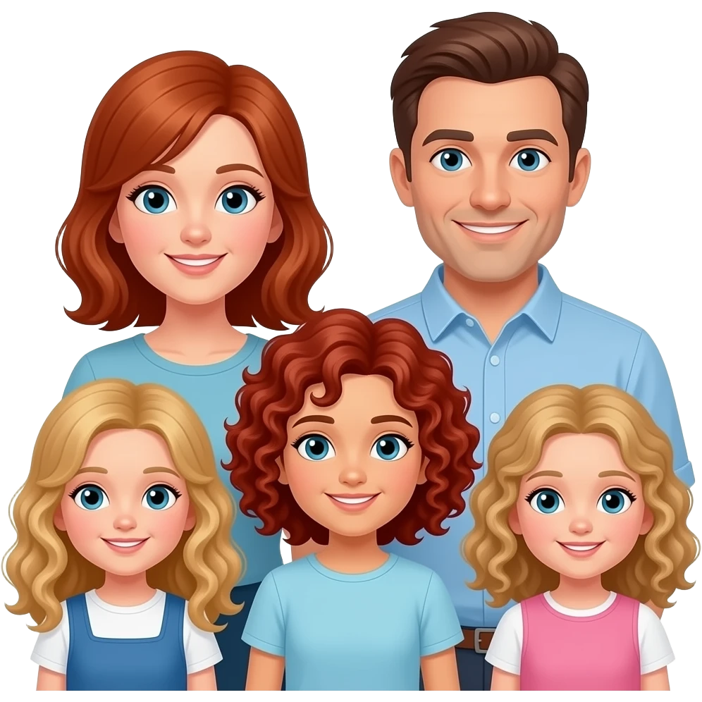 White Mom red-brown hair, brown hair Dad,  blonde curly hair 8 year old girl, a Red curly hair 12 year old Girl, and blonde curly hair 5 year 5 old girl emoji