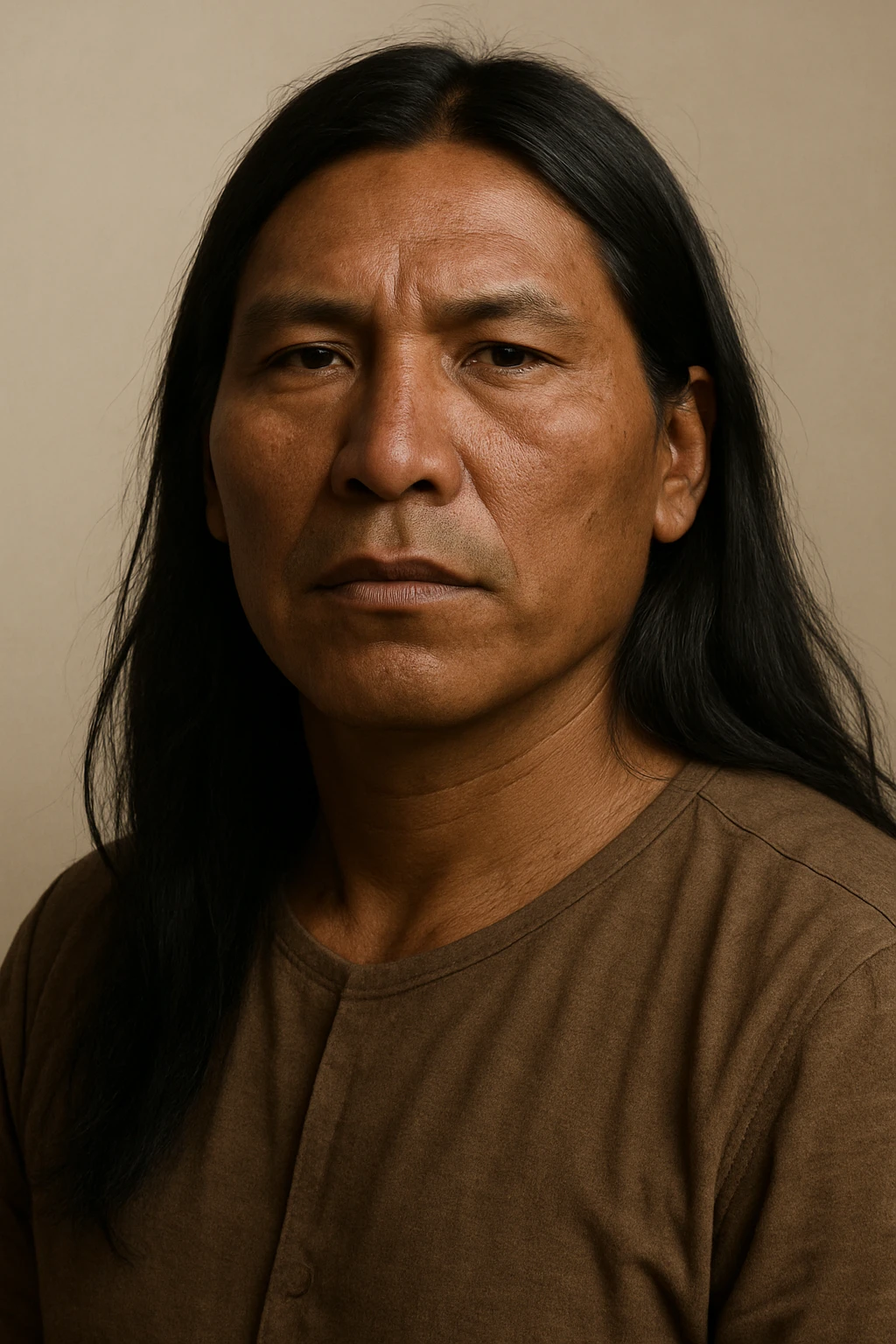 Native Indigenous man with long black hair and brown skin, looking forward, natural features, soft lighting, no background details emoji
