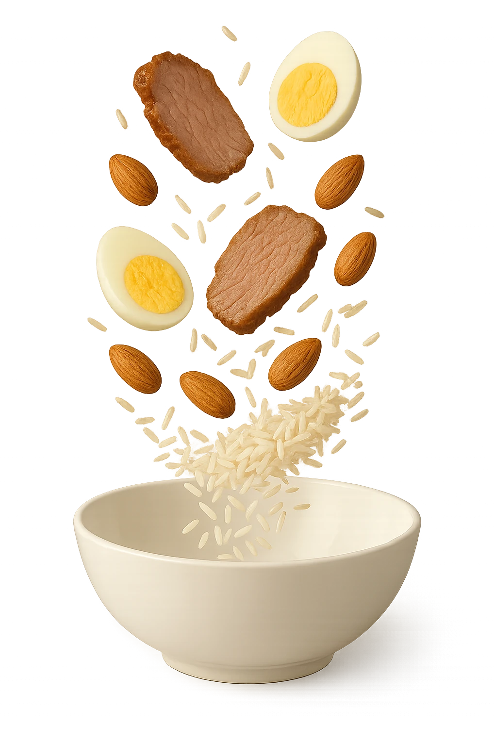 bowl bianca in cui cadono verticalmente fettine di carne, uova sode, mandorle e riso basmati emoji