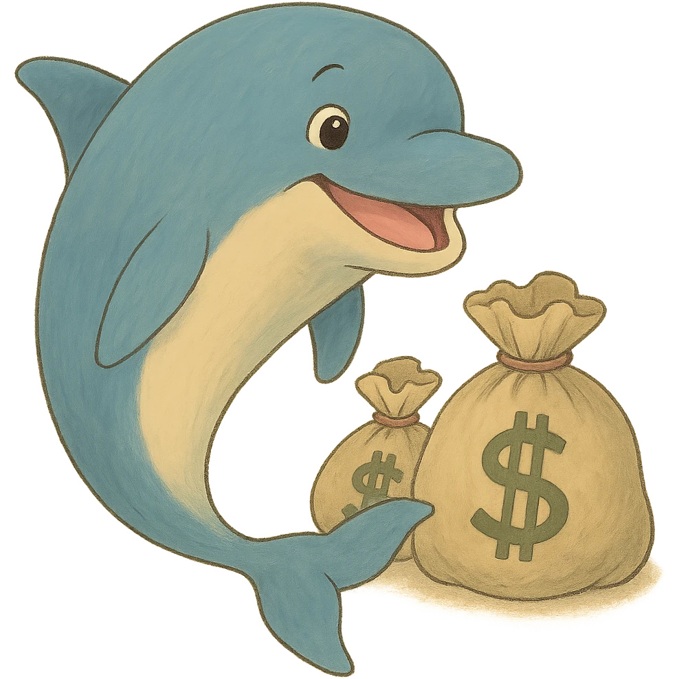 Add bags of money next to the dolphin in ghibli style, no background. emoji