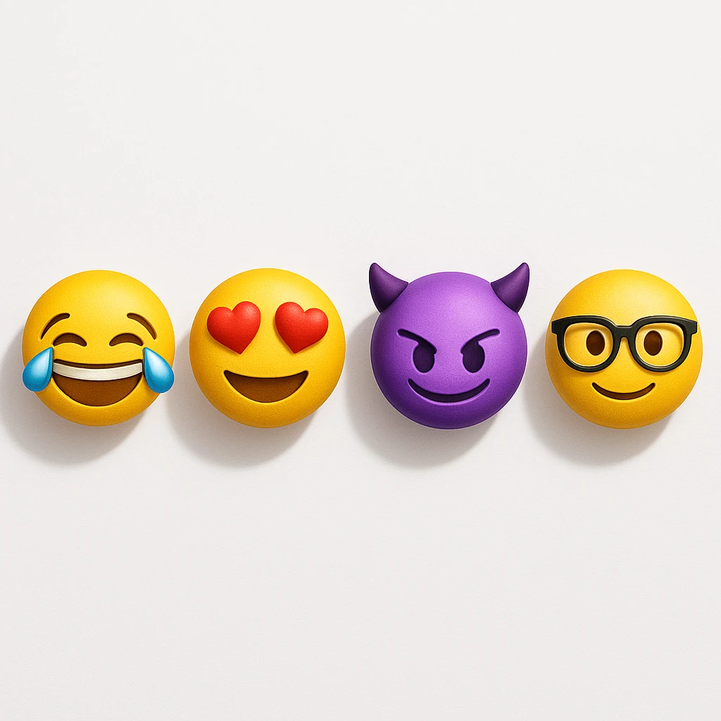 make four emojis on white background with good amount of shadow, four emojis of smiley's only. one laughing, second heart eyes, third purple devil and four black glasses emojis  emoji