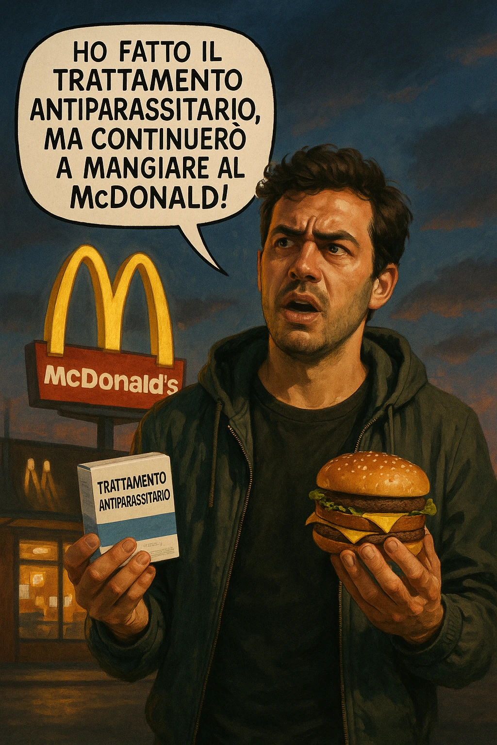 A realistic, cinematic illustration of a man in his early 30s with a confused yet stubborn expression, standing outside a McDonald's at dusk, holding a small box labeled 'Trattamento Antiparassitario' in one hand while holding a large McDonald's burger in the other. He is mid-sentence, saying 'Ho fatto il trattamento antiparassitario, ma continuerò a mangiare al McDonald!' in an expressive speech bubble. The man wears casual streetwear, and behind him, the McDonald's golden arches glow under a neon-lit sky. The mood is ironic and educational, highlighting the contradiction of doing parasite cleanses while continuing unhealthy fast-food habits. The style is realistic with slight illustrative clarity, emphasizing the message humorously while maintaining a serious undertone about lifestyle choices and health in italiano emoji