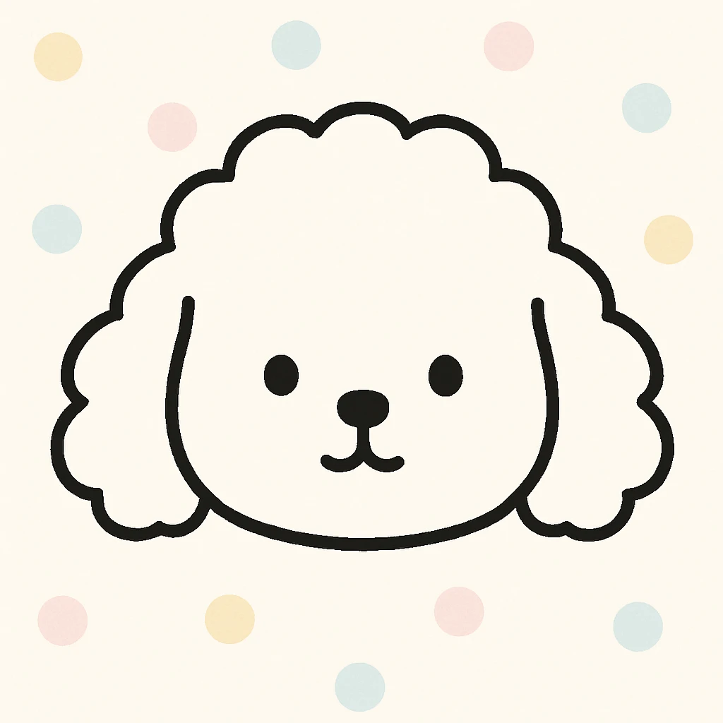 minimalist kawaii line art of a poodle-like dog head: large, round, fluffy head, puffy curly ears hanging down, very simple face with two dot eyes, tiny round nose, upside-down 'Y' mouth. thick, bold, clean black lines on white, symmetrical, calm and sweet expression. no color or shading, just black linework. slightly hand-drawn but polished, child-friendly. emoji