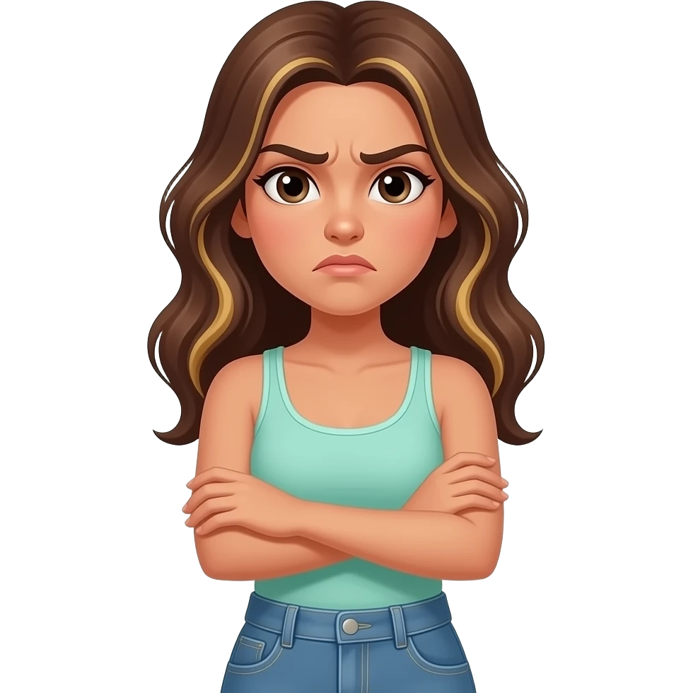 A Hispanic girl that’s annoyed with her arms crossed with brown hair and some blond highlights a light teal tank top and jeans emoji