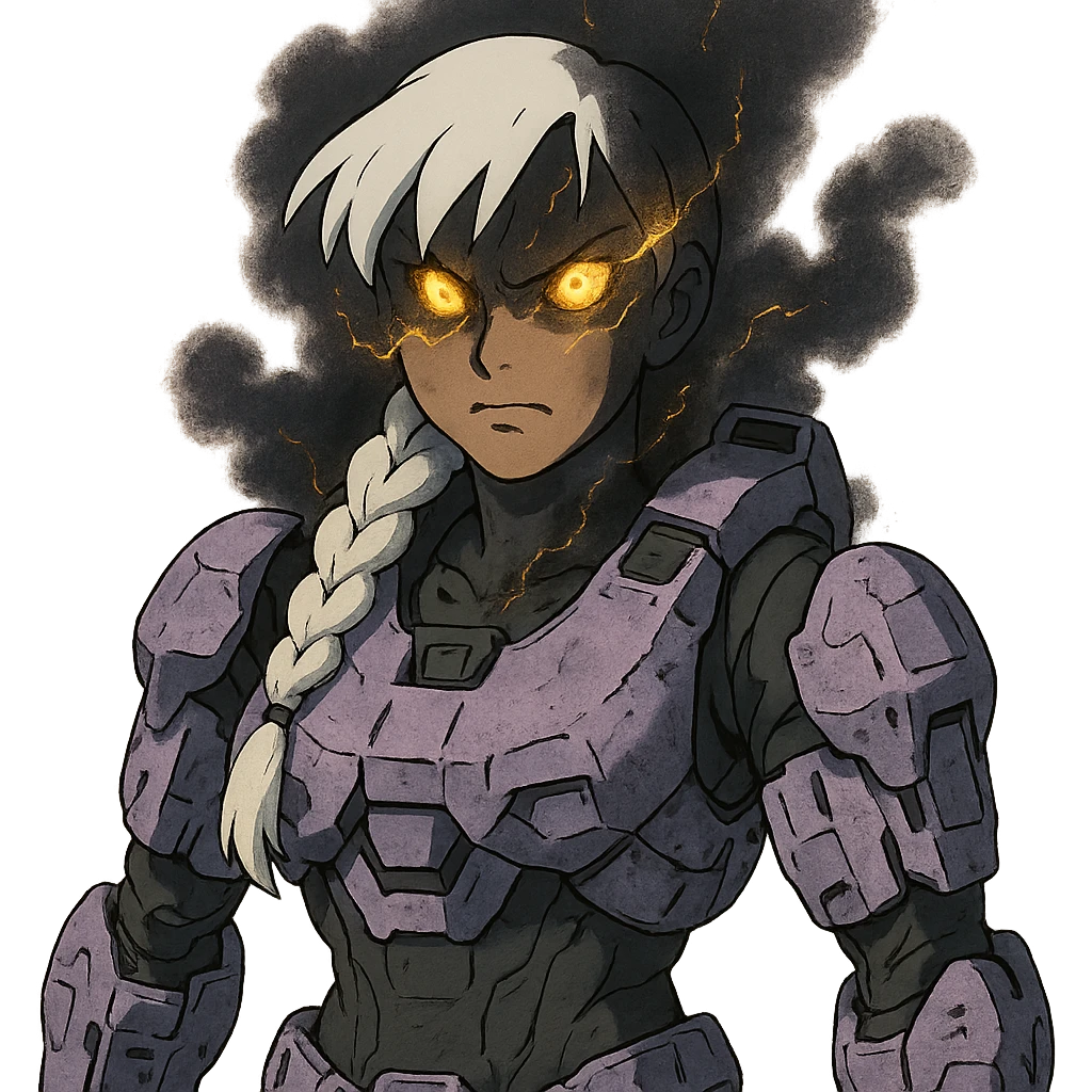 female, wearing reach spartan armor shoulder-unequip, long white braid hair with massive messy front side single bangs, gold yellow eyes, attention pose, D-cup size, HALO:series, no helmet, the armor is lavender color scheme, eyes glowing, demon eye, gleam, rage aura, body steaming dark gray, gold electricity, mouth clowed scowling emoji
