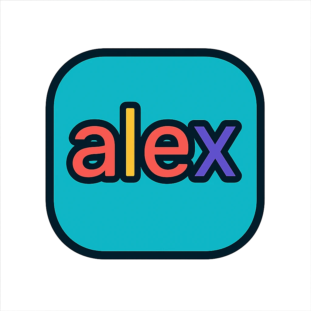 the name 'alex' in a rounded icon style, soft edges, friendly, suitable for branding emoji