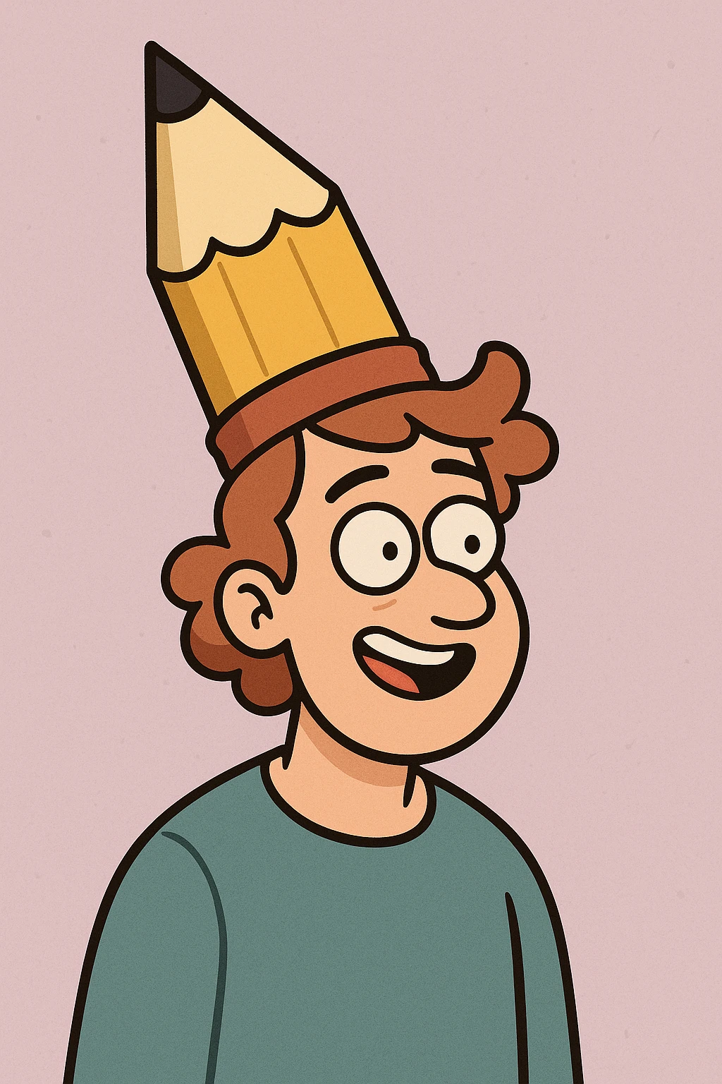 a person with a whimsical pencil-shaped hat, colorful and fun, cartoon style, simple illustration emoji