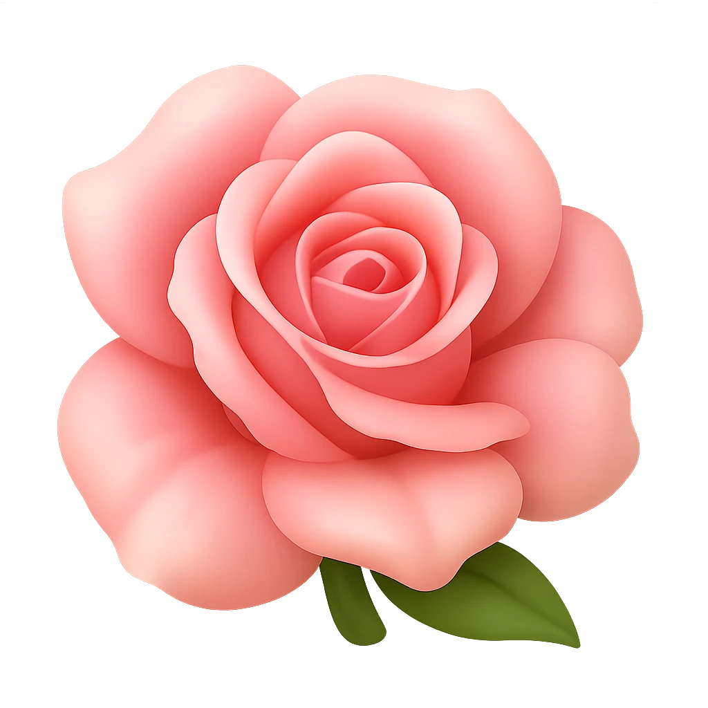 Create a 3D illustration of a delicate pink rose with volumetric petals in the style of iOS Apple emoji, on a transparent square background. The style should reflect the look and feel of Apple emojis with soft shading and smooth 3D volume. emoji