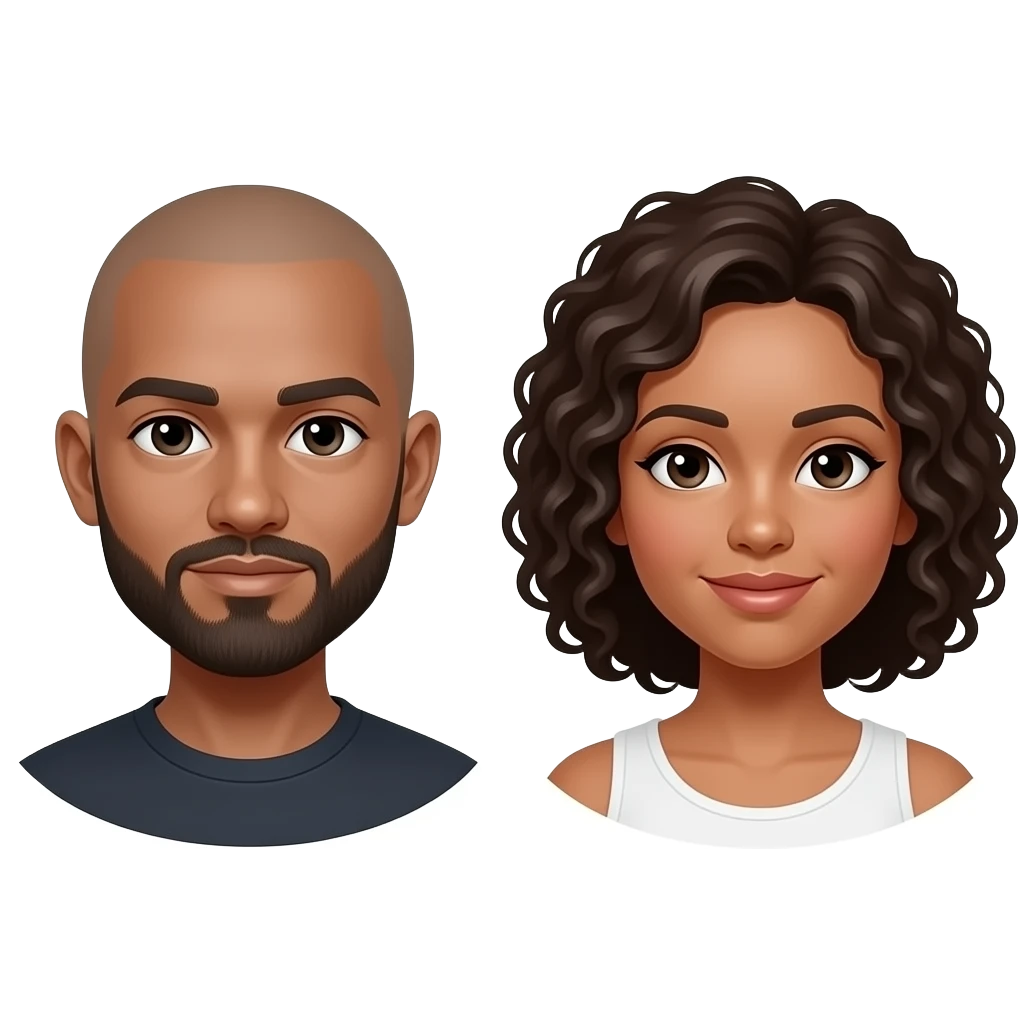 Short bearded with no mustache Black, bald, man NO mustache, ONLY bearded with white brown curly haired female emoji