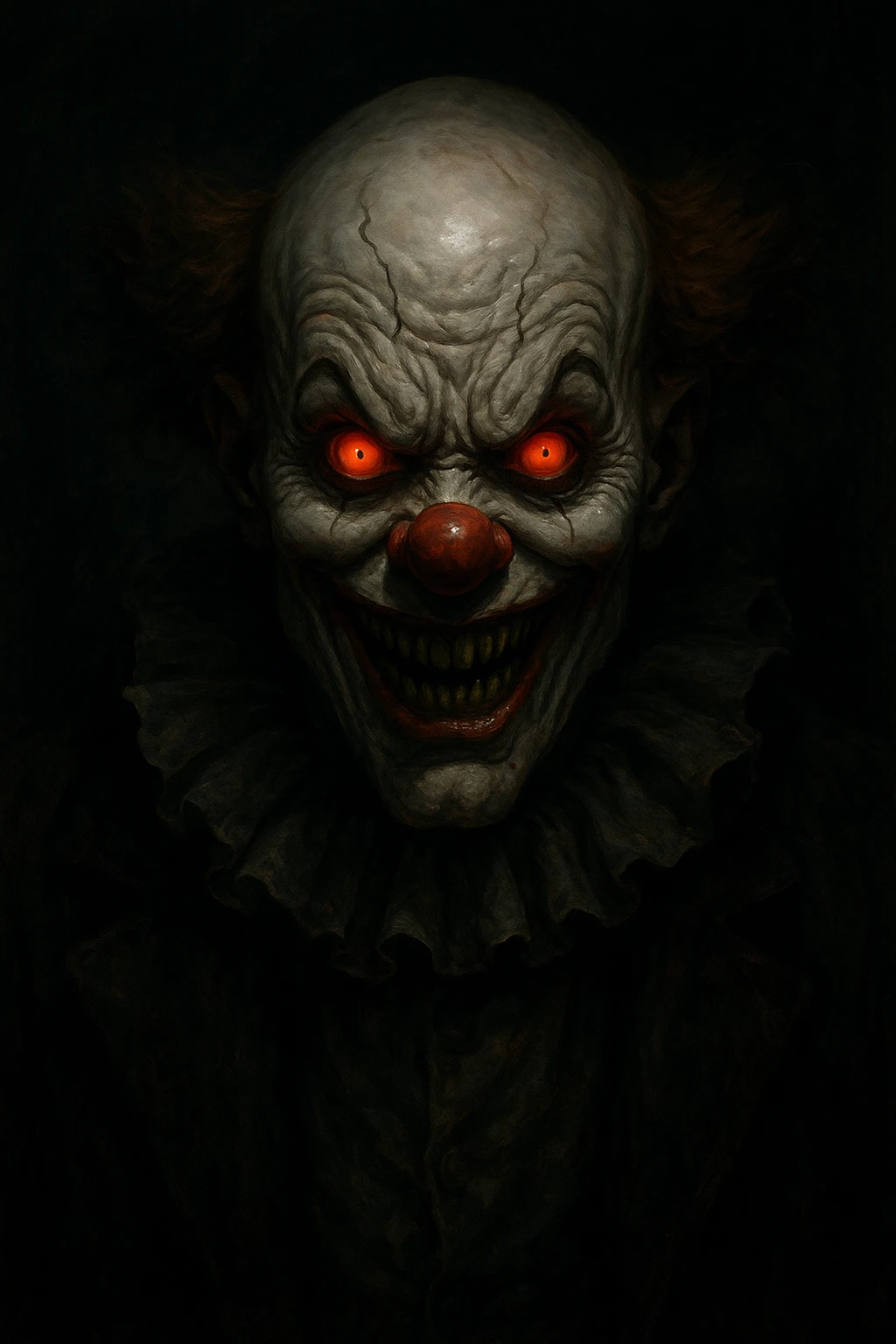 killer clown with glowing red eyes, exaggerated features, shadowy background, terrifying expression emoji