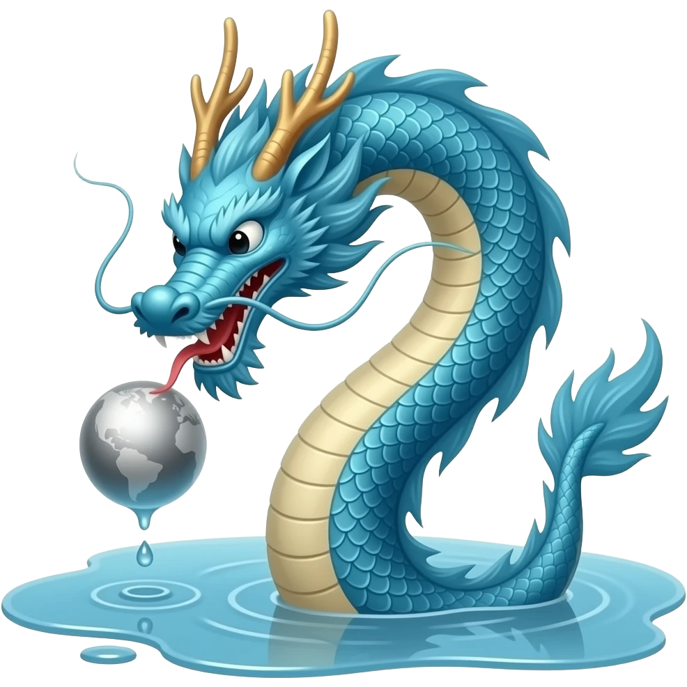 A long blue Chinese serpentine dragon emerges from a puddle of water, hovers above the surface, playing with a silver planet. emoji