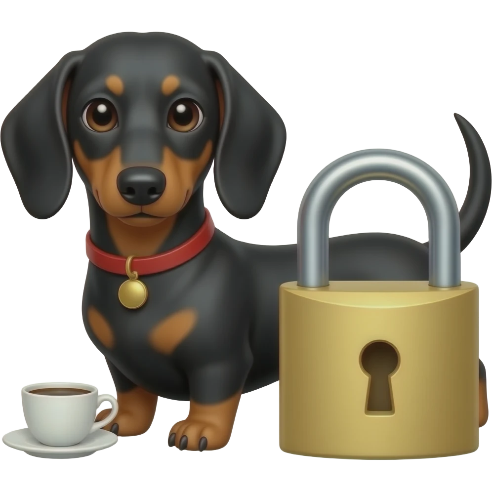 Has un perro salchicha negro con cafe con un candado abierto de frente emoji