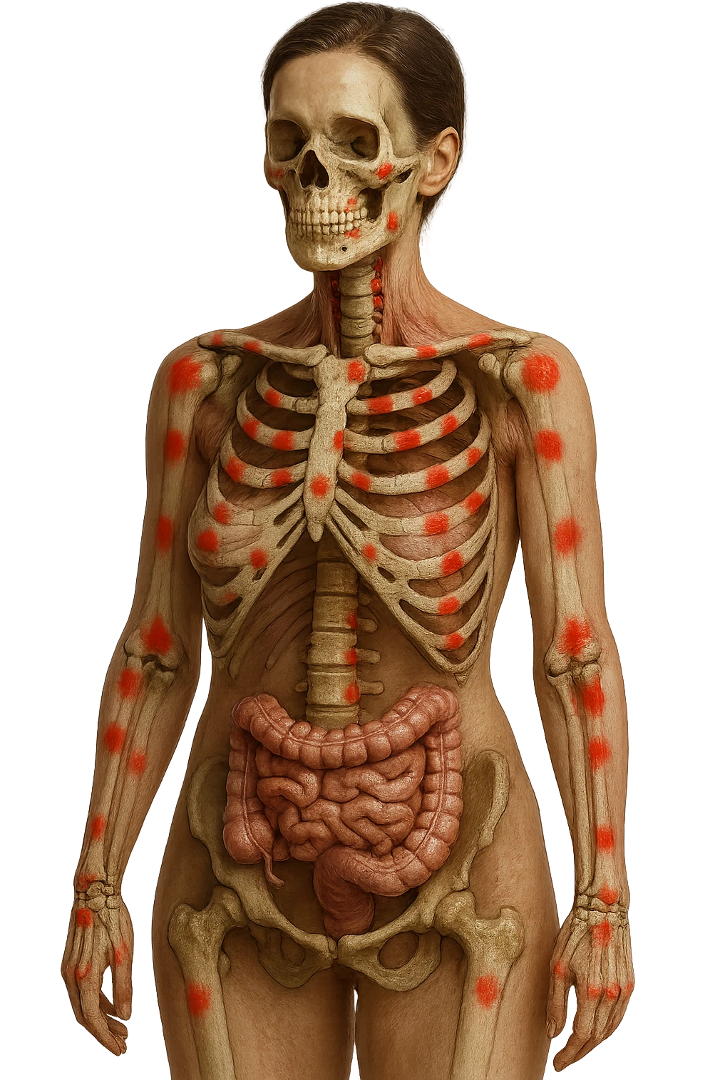 corpo umano anatomico di una donna affetta da fibromialgia, intestino anatomico realistico e red spot sparsi sulle sue ossa, iperrealistica 4k emoji