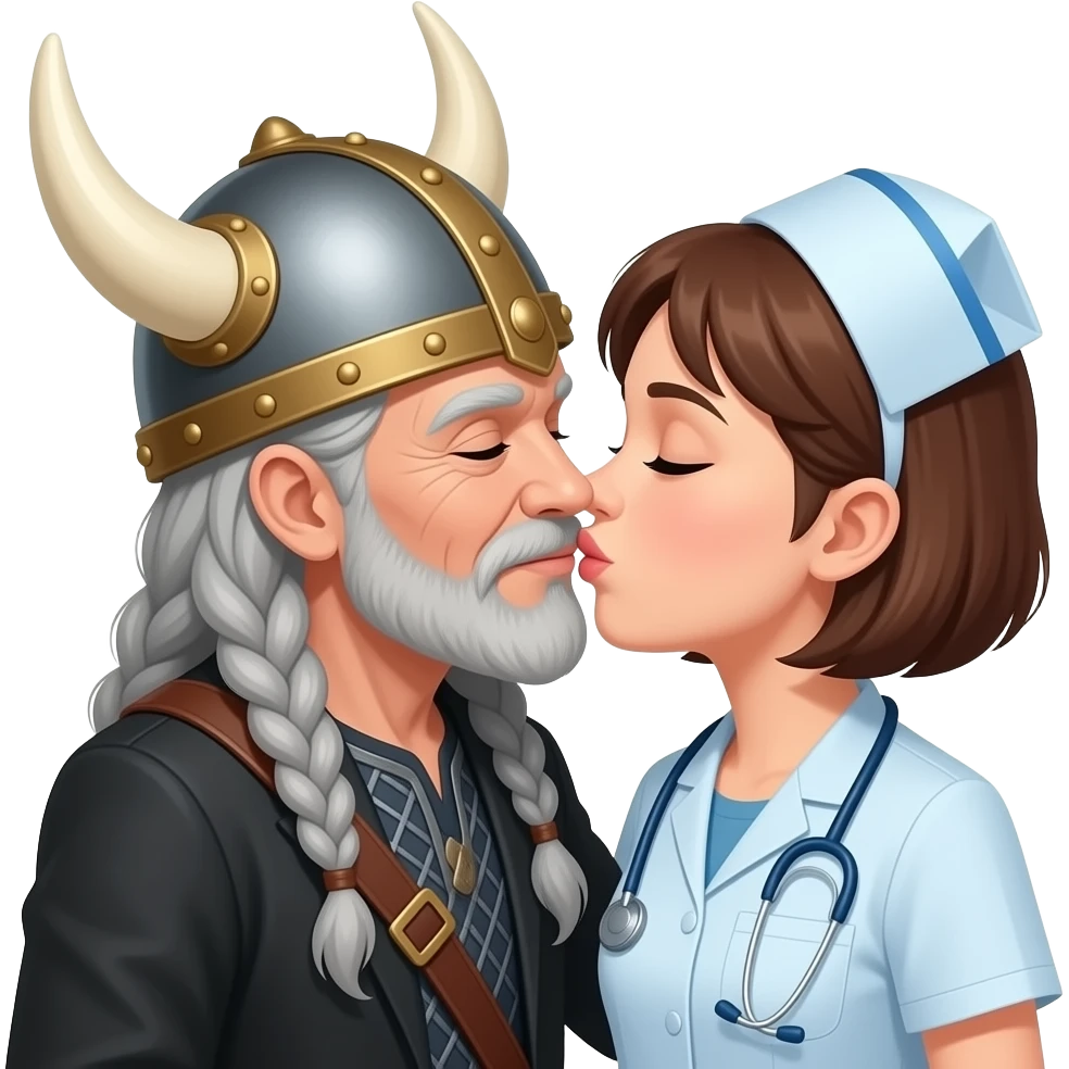 Viking helmet female opera singer older woman with gray braids kissing shortest brown hair nurse couple emoji