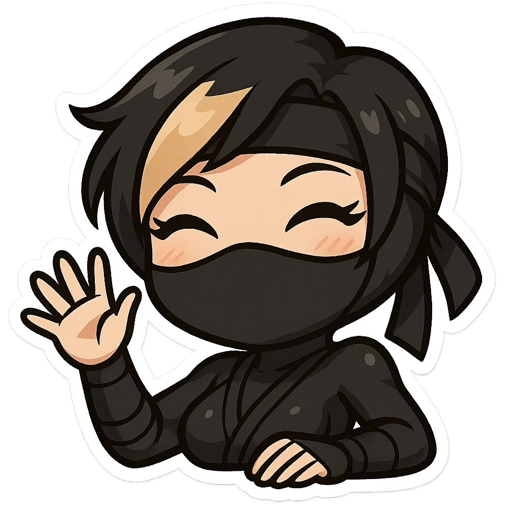 Sexy chibi ninja girl with black short hair and a blonde streak, only head and arms, bold outlines, transparent background, different pose: waving with one hand, smiling, sized for Twitch emoji use. emoji
