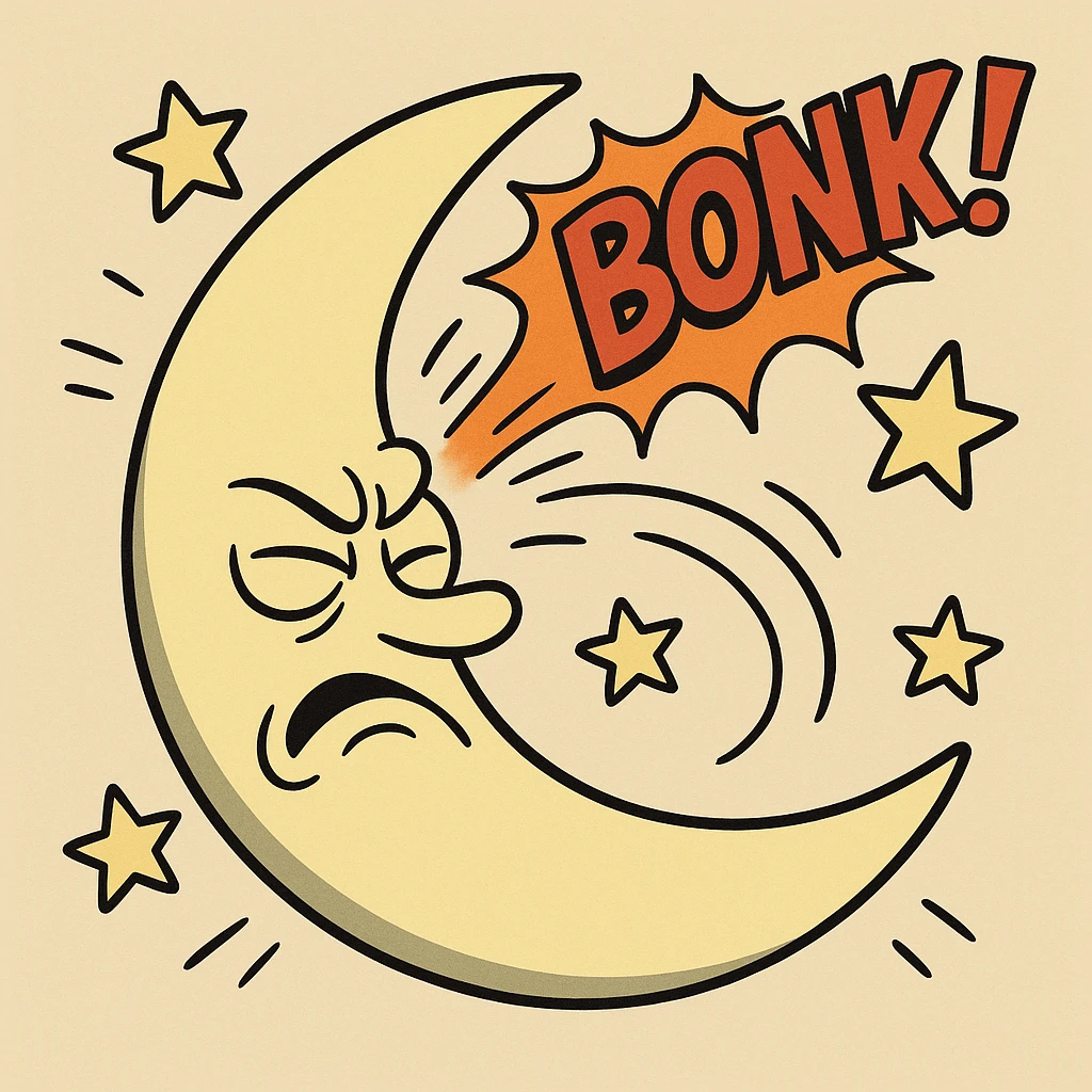 a crescent moon with a comic-style bonk effect, stars flying, cartoon style emoji