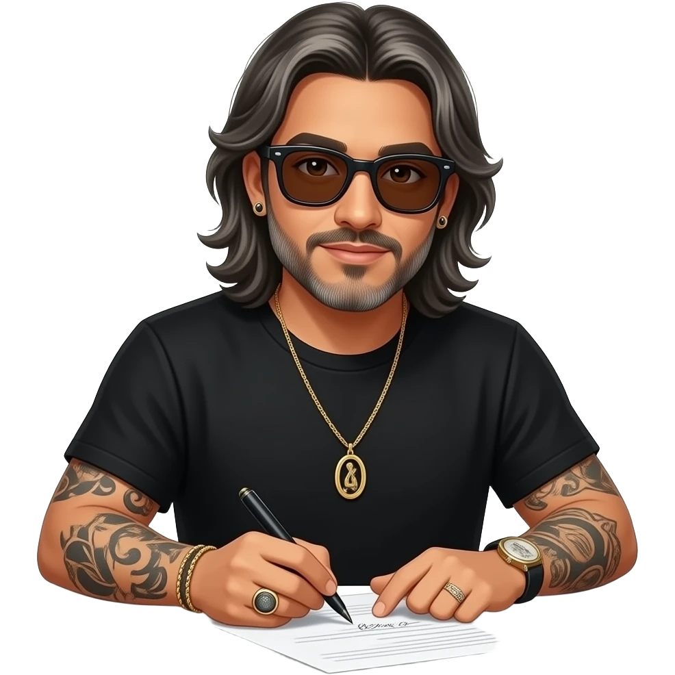 The handsome manly Latino podcast host with medium length hair, a long slightly graying beard and tattoos with his ears pierced 1 time each ear and a nose ring on the right side, dark brown eyes, wearing black, super dark sunglasses, jewelry, getting a divorce emoji