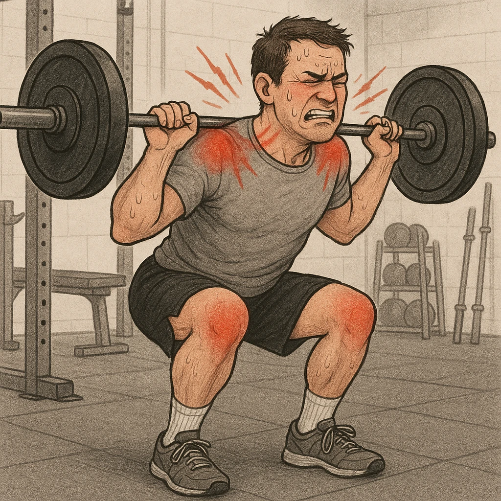 uomo che fa squat pieno di dolori e rossori articolari, per tecnica errata emoji