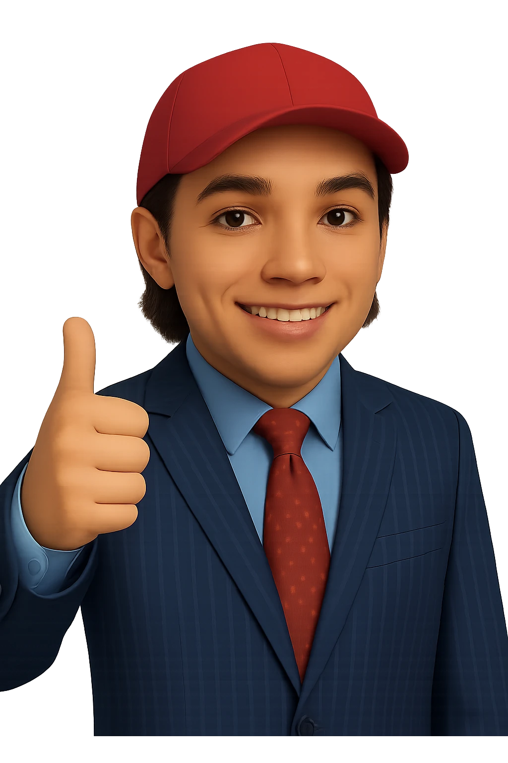 Change the skin tone to white. Maintain the 70% realistic emoji style of a smiling man in a pinstripe suit and red cap, giving a thumbs up. Transparent background. emoji