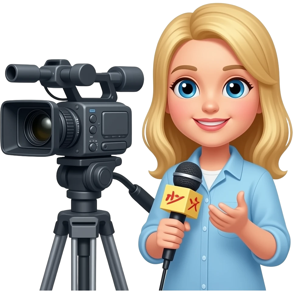 quiero una chica blanca rubia​ que aparezca con uva camara de televisión y un micrófono de reportero emoji
