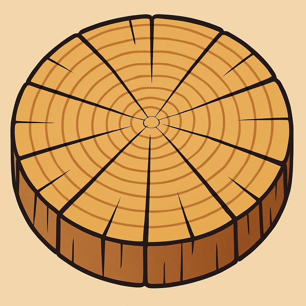 Create a top view of this tree stump in the same cartoon style as the fourth image, with the same wood pattern and color. Variant 2. emoji