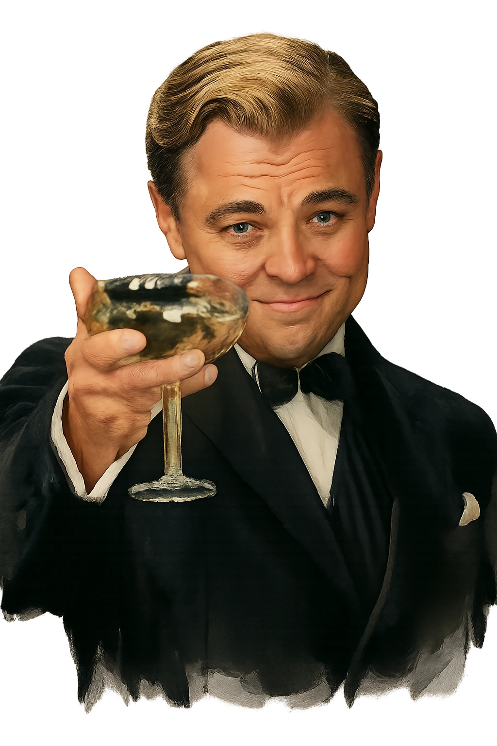 Сделай знаменитый мем с Ди Каприо из Великого Гэтсби, слегка рисованный, но при этом реалистичный объемный стиль, прозрачный фон emoji