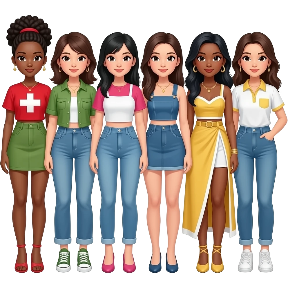 katseye girl group with six members  First girl is ghanan and swiss second girl is korean third girl is chinese and white fourth girl is cuban and white fifth girl is indian with dark skin and the sixth girl is filapina and give them fashion clothes emoji
