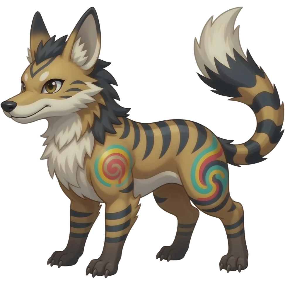 Hyper-realistic cool edgy badass zigzag-striped etched marked elegant Colorful Skilled Adept Graceful Asian Painted Meloetta-Furret-Lycanroc-Zangoose-fusion-hybrid-creature (full body) emoji