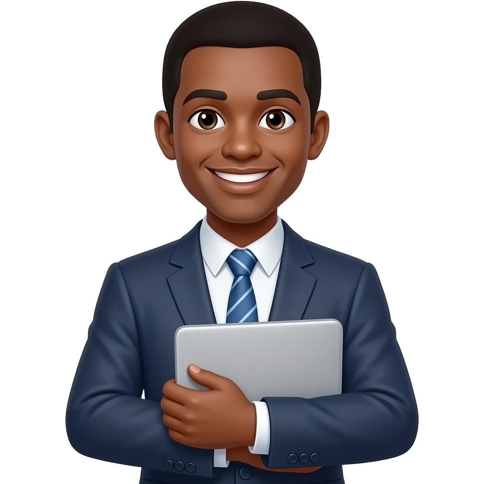 A young dark African American man smiling wearing a suit and holding a laptop in his armpit emoji