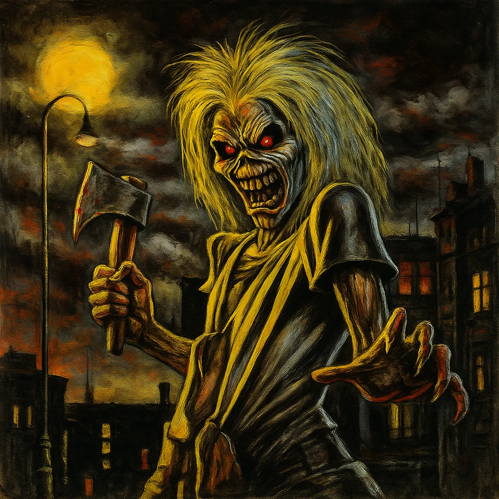 Iron Maiden 'Killers' album cover style, menacing Eddie with axe, dark city background, gritty heavy metal style emoji