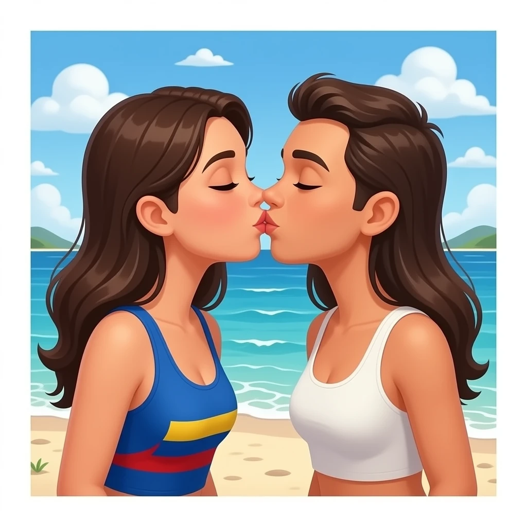 Two lesbian colombian women kissing and 1 man on a deserted island emoji