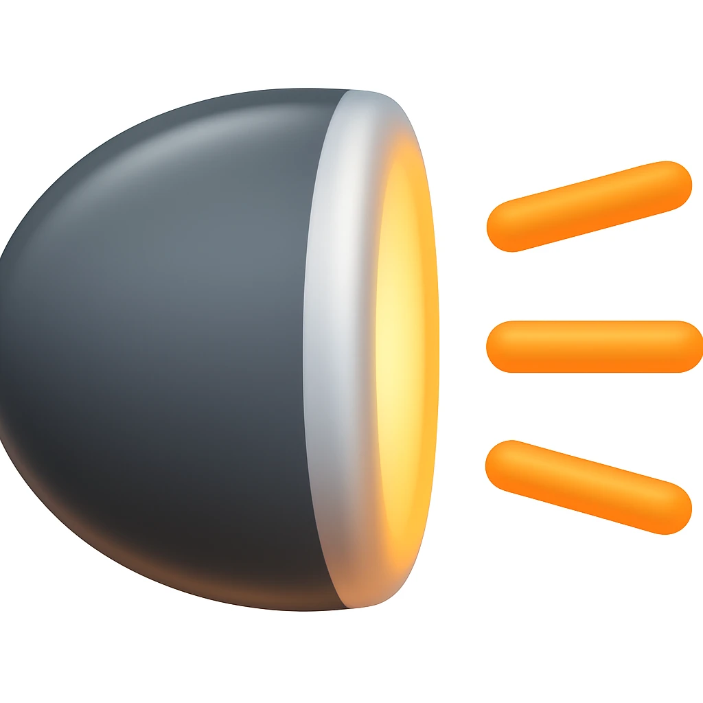 Create an Apple-style emoji icon of high beam car headlights. The design should have a rounded, soft glossy finish with subtle gradients and a clean, minimal look. Include a semicircle headlight and three long orange lines to the right, matching the Apple emoji visual language with Apple-style gloss and gradients. emoji