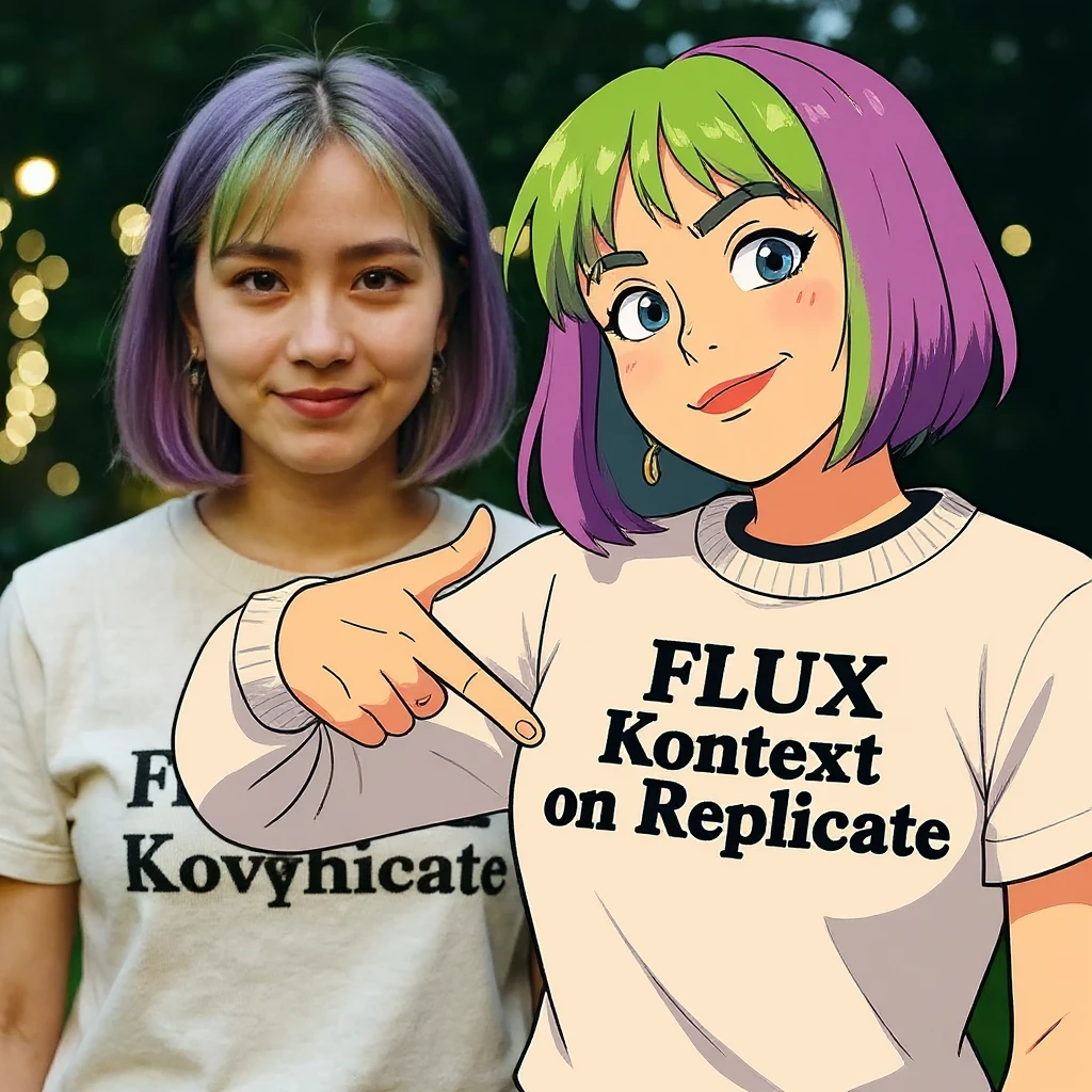 make a image of a girl with a anime version of that girl beside her wearing tshirt with text of FLUX Kontext emoji
