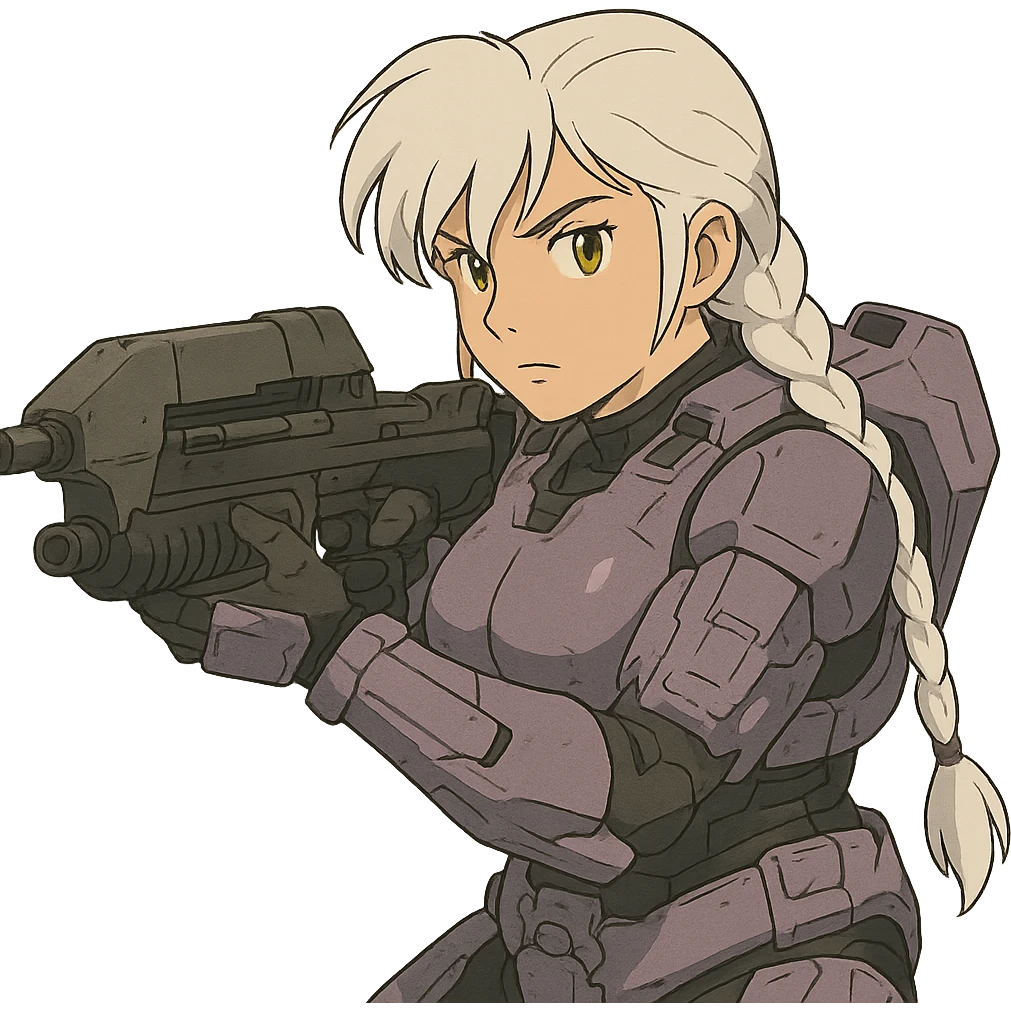 female, wearing reach spartan armor shoulder-unequip, long white braid hair with massive messy front side single bangs, gold yellow eyes, attention pose, HALO:series, no helmet, the armor is lavender color scheme, shoulder pad off. DDD bust size fitting. ,  aiming a classic HALO1 AR, tactical, lean emoji